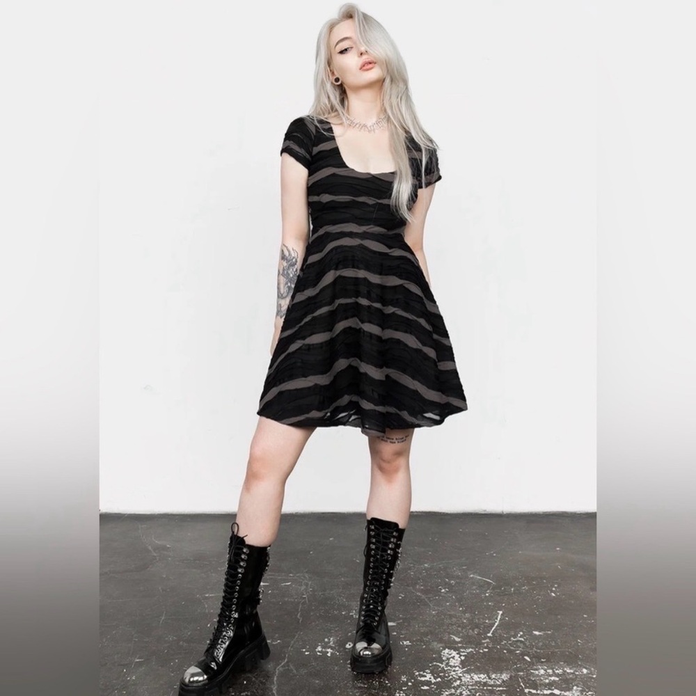 ISO Black Gray Disturbia Distortion Skater Striped Dress